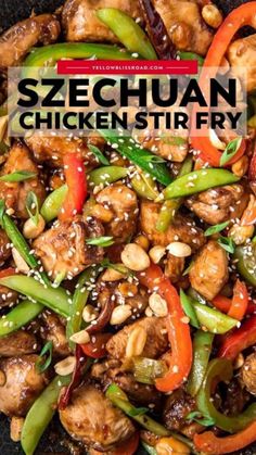 chicken stir fry in a skillet with sesame seeds and peppers