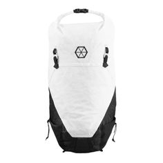 a white and black backpack with the logo on it's front pocket, sitting in front of a white background