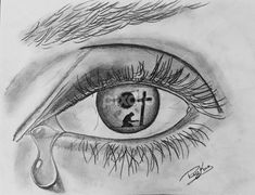 a drawing of an eye with the cross in it's center and drops of water coming out of its iris