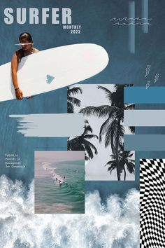 an advertisement for a surf board shop featuring images of people surfing in the ocean and palm trees