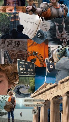 a collage of images with people and things in them, including the statue of liberty