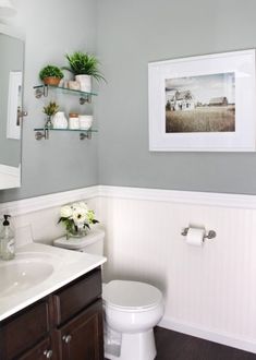 a white toilet sitting next to a bathroom sink under a framed picture on the wall