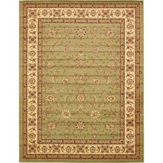 a green rug with gold trimmings and an ornate design on the bottom corner