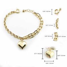 "\"Paperclip Chain, Rolo Chain Bracelet w/ Puffy Heart Charm | 14k Gold Double Staple Link Thick Bracelet w/ Puffed Heart Pendant & Sailor Lock\" Two different types of chain combines as a gorgeous bracelet which will allow you to get variaty of multiple jewelry in one. It adds elegance to your appearance in your daily life and business life. You can also make the product even more eye-catching by adding charms or similar small additions to the sailor lock or paperclip links. 0,5\" extension Heart Shaped Double Chain Metal Jewelry, Heart-shaped Metal Jewelry With Double Chain, Valentine's Day Heart-shaped Metal Bracelet, Metal Heart Bracelet With Chain, Heart-shaped Metal Bracelet With Chain, Metal Heart Pendant Bracelet For Valentine's Day, Heart-shaped Metal Charm Bracelet With Adjustable Chain, Metal Heart Charm Bracelet With Adjustable Chain, Metal Heart Chain Bracelet For Valentine's Day