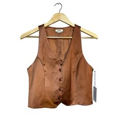 Nwt Jason Wu 4 Button Lightweight Satin Vest Copper Size M Formal Button-up Vest, Classic Button-up Vest With Snap Buttons, Classic Snap Button Vest, Brown Vest With Button Closure For Work, Brown Formal Vest With Buttons, Brown Buttoned Vest For Formal Occasions, Formal Brown Vest With Buttons, Newsies, Oc Ideas