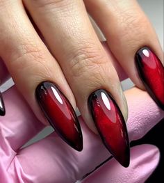 Nail Designs Edgy, Black Red Ombre Nails Almond, Vampire Aura Nails, Almond Vampire Nails, Gothic Aura Nails, Vampire Nails Gothic Aesthetic, Goth Nails Black And Red, Vampire Nails Gothic Red, Border Nails