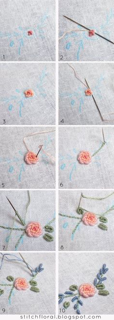 four pictures showing how to stitch flowers on fabric