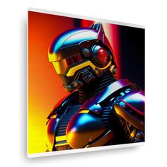 a painting of a robot with red eyes and yellow helmet sitting in front of an orange background