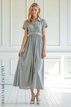 Olivia Mark - Elegant Grey Midi Dress with Waist Tie and Button Details Waist Drawing, Dress Drape, Grey Midi Dress, Understated Luxury, Gathered Skirt, Fitted Bodice, Olivia Mark, Waist Tie, Mid Calf