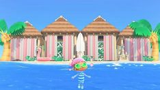 a cartoon character standing in front of a beach house