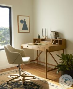 an office with a desk, chair and potted plant in front of a window