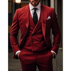 Category:Suits; Embellishment:Pocket; Season:Spring, Fall, Winter, Summer; Fabric:TR; Style:Business,Daily; Includes:Vest,Pants,Jacket; Occasion:Wedding,Christmas; Fit Type:Slim Fit; Jacket Buttons:Single Breasted Two-buttons; Jacket Pockets:Straight Flapped; Vest Buttons:4; Pattern:Solid Colored; Neckline:Peak; Listing Date:11/03/2023; Production mode:External procurement; Pant Length:; Pants Waist:; Shoulder Width:; Sleeve Length:; Bust:; Height:null; Weight (kg):null; Hips:null; Clothing Leng Red Velvet Suit Jacket Men, Red Wedding Groom Suit, Red Tuxedo For Men Wedding, Navy Blue And Red Wedding Theme, Red Suit Wedding, Groom Suit Red, Red Groom Suit, Red And Gold Wedding Theme, Red Suit Men