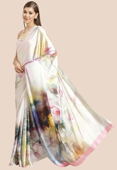 Satin Saree in Off White and Multicolor This attire is Enhanced with Digital Print Available with an Unstitched Satin Blouse in Pink Free Services: Fall and Edging (Pico) Do Note: Accessories and Blouse worn by the Model are for presentation purposes only. (Slight variation in actual color vs. image is possible). Cheap Elegant Art Silk Saree, Affordable Self-design Saree, Luxury Art Silk Saree Shaped Unstitched Suit, Elegant Luxury Saree With Printed Motifs, Cheap Self Design Saree, Cheap Art Silk Saree With Self Design, Luxury Art Silk Saree With Dupatta, Affordable Art Silk Designer Saree, Luxury Art Silk Saree For Eid