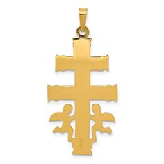 Celebrate and honor all special occasions with jewelry of religious significance! Our collection of spiritually inspired designs that show faith, hope and devotion are perfect for commemorating life's milestones. This Caravaca Crucifix pendant crafted in 14k two tone gold features a solid 3-dimensional corpus and a flat back design. The approximate size is 19mm (3/4 inch) in width by 38mm (1 1/2 inch) in length with the bail. This item does not include a chain. Spiritual Charms Necklaces For Commemoration, Spiritual Jewelry With Large Crucifix Pendant, Spiritual Crucifix Jewelry With Large Pendant, Spiritual Cross Jewelry For Commemoration, Personalized Spiritual Cross Pendant Jewelry, Symbolic Engraved Crucifix Jewelry, Traditional Pendant Jewelry For Commemoration, Spiritual Crucifix Jewelry And Charms For Anniversary, Spiritual Crucifix Jewelry For Anniversary