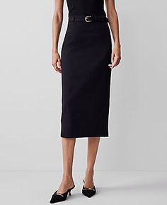 Elevate your wardrobe with the Ann Taylor Ponte Belted Midi Pencil Skirt, a piece that marries sophistication with comfort. This skirt is designed to flatter, featuring a sleek midi length and a streamlined silhouette that enhances your figure.

- Size: Regular - 6
- Color: Black
- Gender: Female
- Material: 66% Rayon, 30% Nylon, 4% Spandex
- Length: 32" long
- Features: Belt loops, self-tie buckle belt, hidden back zipper with hook-and-eye closure, back vent

Perfect for both office and evening Elegant Business Casual Skirt With Belt Loops, Fitted Belted Midi Bottoms, Fitted Midi Length Belted Bottoms, Office Pencil Skirt With Belt Loops, Fitted Pencil Skirt With Belt Loops For Workwear, Chic Workwear Pencil Skirt With Belt Loops, Workwear Pencil Skirt With Belt Loops, Chic Pencil Skirt With Belt Loops For Work, Skirt Outfits Petite