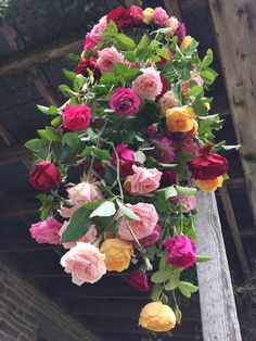 a bunch of flowers hanging from a wooden structure