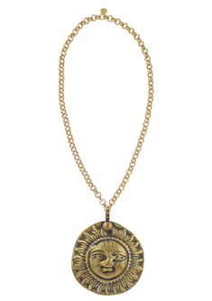 Carved Brass Nepalese Pendant 24K Gold Electroplated Textured Chain Slip-On Style Approx. 32" Long Pendant is 4 3/4" Long by 4" Wide  Made in USA Brass Pendant Necklace, Medallion Necklace, Long Pendant, Brass Pendant, Made In Usa, 404 Not Found, Slip On, Carving, Necklaces