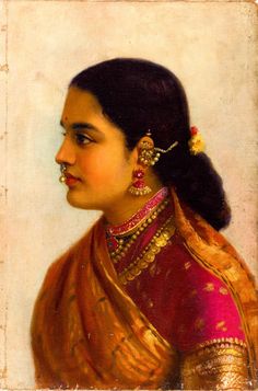 an old painting of a woman with jewelry on her neck and shoulder, wearing a red sari