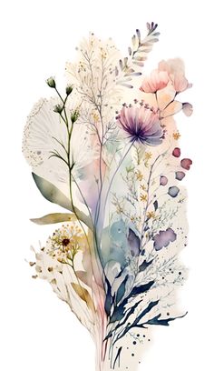 watercolor painting of flowers and leaves on white background