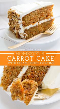 the very best carrot cake with cream cheese frosting on top is cut in half and ready to be eaten