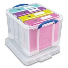 two plastic storage containers with dividers and lids on each side, one is filled with colored file folders