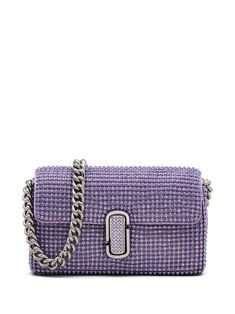 lavender purple rhinestone embellishment silver-tone logo plaque chain-link shoulder strap foldover top main compartment internal card slots Purple Designer Shoulder Bag, Designer Purple Bags With Handles, Luxury Purple Square Shoulder Bag, Diamond Purse, Farfetch Purple Bag, Rhinestone Bag, Bag Png, Starlight Glimmer, Luxury Purple Shoulder Bag With Silver-tone Hardware