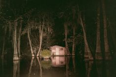 a house in the middle of a flooded area with trees and bushes around it at night