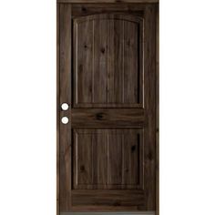 a wooden door with two glass panels and one side panel is shown in dark brown