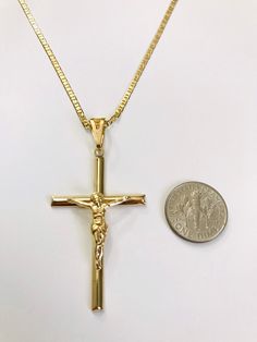 "18K GOLD FILLED CROSS NECKLACE . FOR GOOD LUCK,PROTECTION,HEALTH AND ANY KIND OF DIFFICULTY .20\" LONG CHAIN. PENDANT SIZE: 55 X 28 mm 18K GOLD FILLED CADENA DE CRUZ . PARA PROTECCION,BUENA SUERTE,SALUD Y PARA CUALQUIER CASO DIFICIL.20\" LARGO CADENA. TAMANO DEL DIJE: 55 X 28 mm" Jesus Necklace, Figaro Necklace, Cross Jesus, For Good Luck, Pompano Beach, Evil Eye Pendant, Jesus On The Cross, Chain Pendant, Long Chain