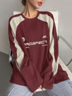 Women Spring/Summer Loose Casual Long Sleeve T-Shirt With Letter Print Long Sleeve WTH PROSPECT Fantastic Jersey Burgundy Casual  Long Sleeve Knitted Fabric Colorblock,Letter,Slogan  Slight Stretch  Women Clothing, size features are:Bust: ,Length: ,Sleeve Length: Long Shirt Under T Shirt, Long Sleeve T-shirt, Long Sleeve Shirts Aesthetic, Long Sleeve Shirts Outfits, Oversized Long Sleeve Shirt Outfits, T Shirt Outfits Women, Baggy Long Sleeve Shirt, Cute Long Sleeve Shirts, Long Tshirts