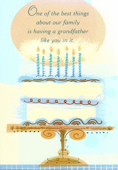 a birthday card with a cake and candles on it that says, one of the best things about our family is having a grandfather like you in it