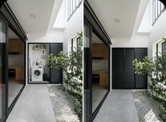 two pictures of the inside of a house with plants in front of it and an open door leading to another room