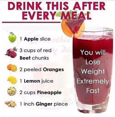 a poster with instructions on how to drink this after every meal, including oranges and cranberry juice