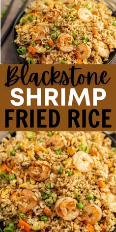 shrimp fried rice with peas and carrots in a pan