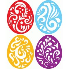 four different colored eggs with swirl designs on them