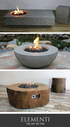 an outdoor fire pit made out of concrete and wood, with flames burning in it