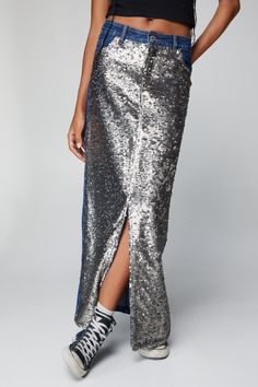 Turn heads. Feel like a walking disco ball when you step out in our denim maxi skirt, made in a high quality denim fabric, with a straight silhouette, and sparkling sequin detailing on the front panel. Style it with a crop top and sandals in the summer, or a sweatshirt and chunky boots for interseasonal wear. Premium Sequin Panel Denim Maxi Skirt High Quality Denim Fabric Flattering Mid Rise Waistline Comfortable Relaxed Fit Unique Sparkling Sequin Panel Pocket Features Model wears a size S (US size 6/UK size 10). Maxi Sequin Skirt, Denim Maxi, Denim Maxi Skirt, Halterneck Dress, Chunky Boots, Swimwear Sale, Disco Ball, Petite Dresses, Custom Dresses