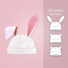 an image of a white bunny hat with ears on the front and side, next to it's outline