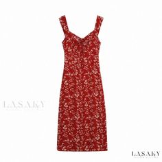 Lasaky - Red Floral Print Halter Sundress for Beach Vacation Tea Party Red Floral Print Midi Dress For Party, Red Sundress For Party, Red Sundress Midi Dress For Party, Red Party Sundress, Red Sleeveless Midi Dress For Brunch, Red Summer Party Dresses, Chic Red Midi Dress For Summer, Red V-neck Maxi Dress For Garden Party, Elegant Red Midi Dress For Day Out