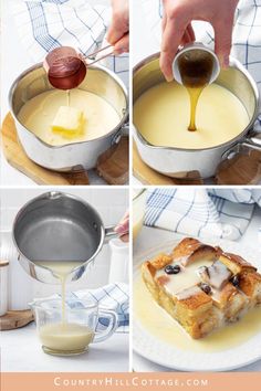 four pictures showing how to make french toast with butter and syrup, including the batter being poured on top