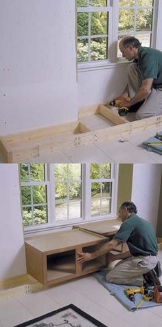 two men are working on an unfinished window sill in the same room as another man