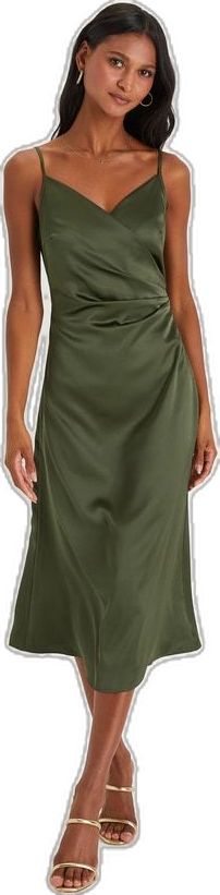 Satin A-line Slip Dress For Night Out, Satin A-line Silk Dress, Green Satin Knee-length Dress, Green Knee-length Satin Dress, Sleek Satin Knee-length Dress, Green Satin Finish Dress, A-line Satin Midi Dress In Bias Cut, Satin Finish Midi Dress For Date Night, Date Night Satin Midi Dress