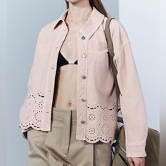 Nwt Zara Pink Zw Collection Embroidered Overshirt. Size Medium Crochet Coat, Zara Jackets, Zara Woman, Blazer Dress, Light Jacket, Trouser Jeans, Lapel Collar, Zara Women, Linen Shirt