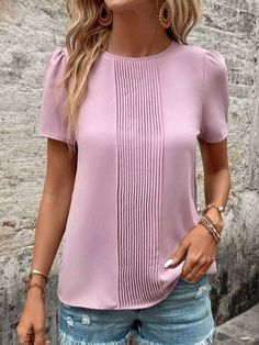 Product Title :Plain Crew Neck Loose Casual Shirt Product Measurements cm Size US Waist Bust Hip S 6-8 70-74 88-92 96-100 M 10 75-78 93-96 101-104 L 12 79-84 97-102 105-110 XL 14 85-90 103-108 111-116 XXL 16 91-96 109-114 117-122 Product Details Clothes Length:Regular Sleeve Length:Short sleeve Edition type:Loose Elasticity:No Elasticity Silhouette:H-Line Thickness:Regular Size Type:Regular Size Material:Polyester Activity:Daily Neckline:Crew Neck Pattern:Plain Style:Casual Theme:Summer Color:Pi Non-stretch Short Sleeve Tops For Work, Purple Plain Short Sleeve Top, Pink Short Sleeve Solid Color Top, Pink Crew Neck Top For Work, Plain Purple Top For Spring, Non-stretch Crew Neck Tops For Work, Purple Short Sleeve Top, Mix Match Outfits, Over 60 Fashion