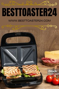 the best toaster 24 sandwich maker is on display with tomatoes, lettuce and cheese