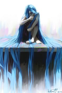 a woman with long blue hair sitting on top of a table