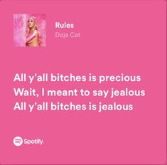 a pink background with the words rules doja cat and an image of a woman's face