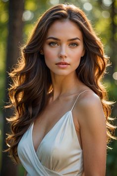 a beautiful young woman in a white dress posing for a photo with trees in the background