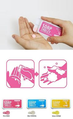 two hands are holding soap tablets with different colors