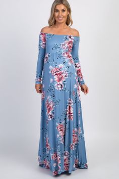 PinkBlush Light Blue Floral Off Shoulder Maternity Maxi Dress Long Sleeve Floral Print Maternity Dress, Blue Floral Print Maternity Dress, Blue Floral Print Maternity Maxi Dress, Blue Long Sleeve Maternity Dress For Spring, Beautiful Pregnancy, Off Shoulder Neckline, Maternity Maxi Dress, Stylish Maternity Outfits, Maternity Maxi